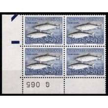 Grønlandske laks på marginal 4-blok. 50 kr. flerfarvet. Postfrisk.